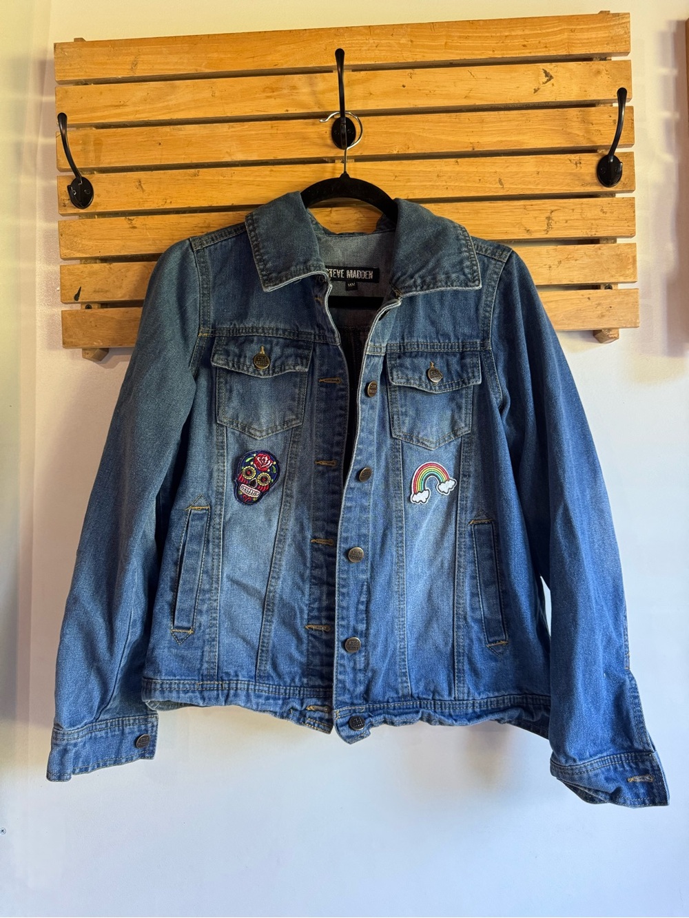๐5 for $25๐ Steve Madden Blue Denim Jacket with Multicolor Patchwork - Picture 3 of 9